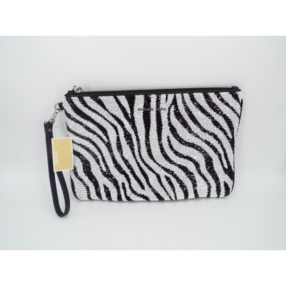 MICHAEL Michael Kors Jet Set Optic White Black Large Zip Pouch Wristlet Clutch